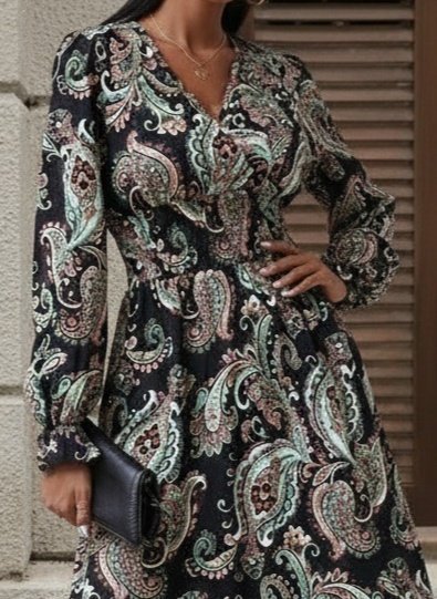 Mamo Siyah Uzun Kruvaze Desenli Elbise - Mamo kadın butik elbise