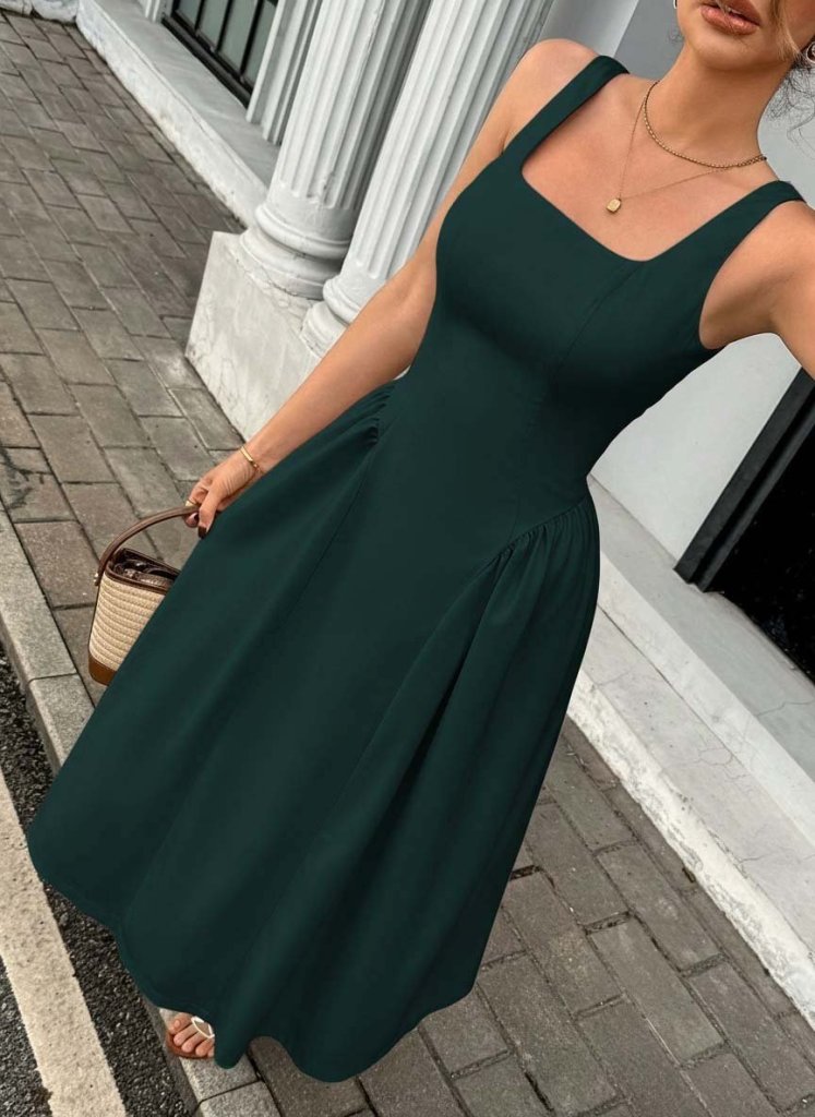 Mamo Yeşil Uzun Askılı Kare Yaka Elbise - Mamo kadın butik elbise