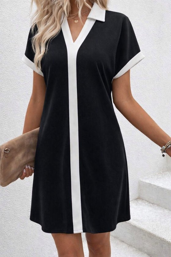 Mamo Siyah Mini V Yaka Krep Elbise - Mamo kadın butik elbise