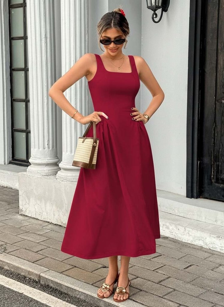 Mamo Kırmızı Uzun Askılı Kare Yaka Elbise - Mamo kadın butik elbise