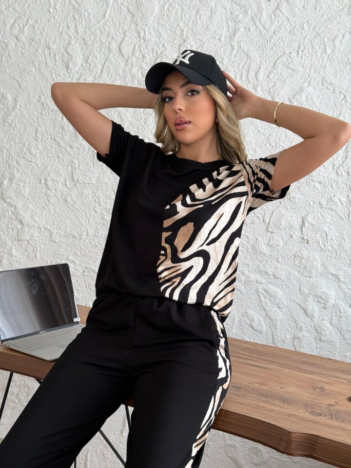 Mamo Siyah Leopar Desenli Takım - Mamo kadın butik takım