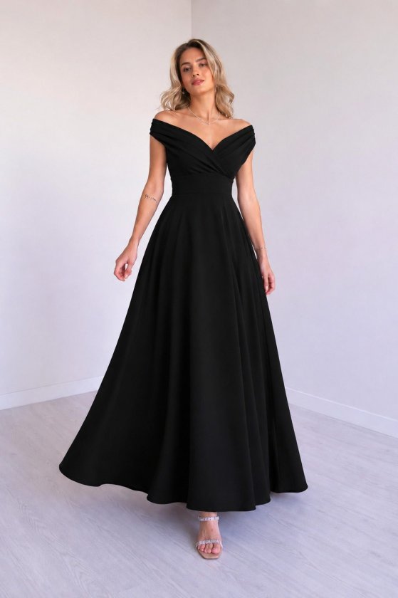 Mamo Siyah Uzun Kruvaze Krep Elbise - Mamo kadın butik elbise