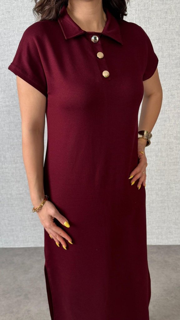 Mamo Bordo Yırtmaç Detaylı Viskon Elbise - Mamo kadın butik elbise