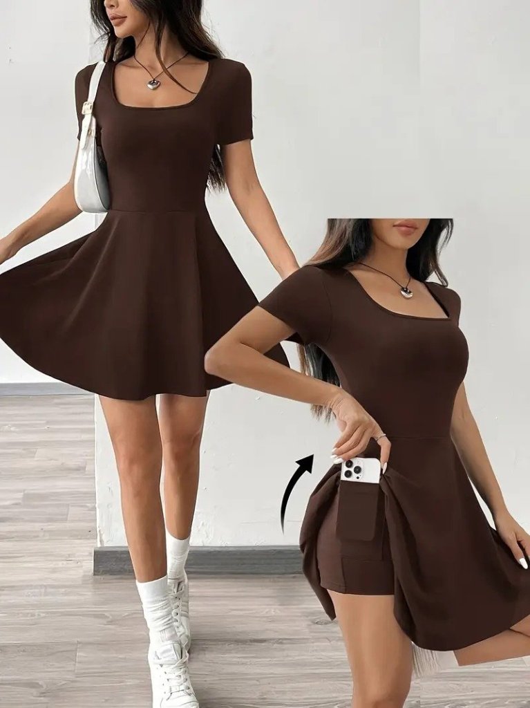 Mamo Kahve Mini Cepli Elbise - Mamo kadın butik elbise