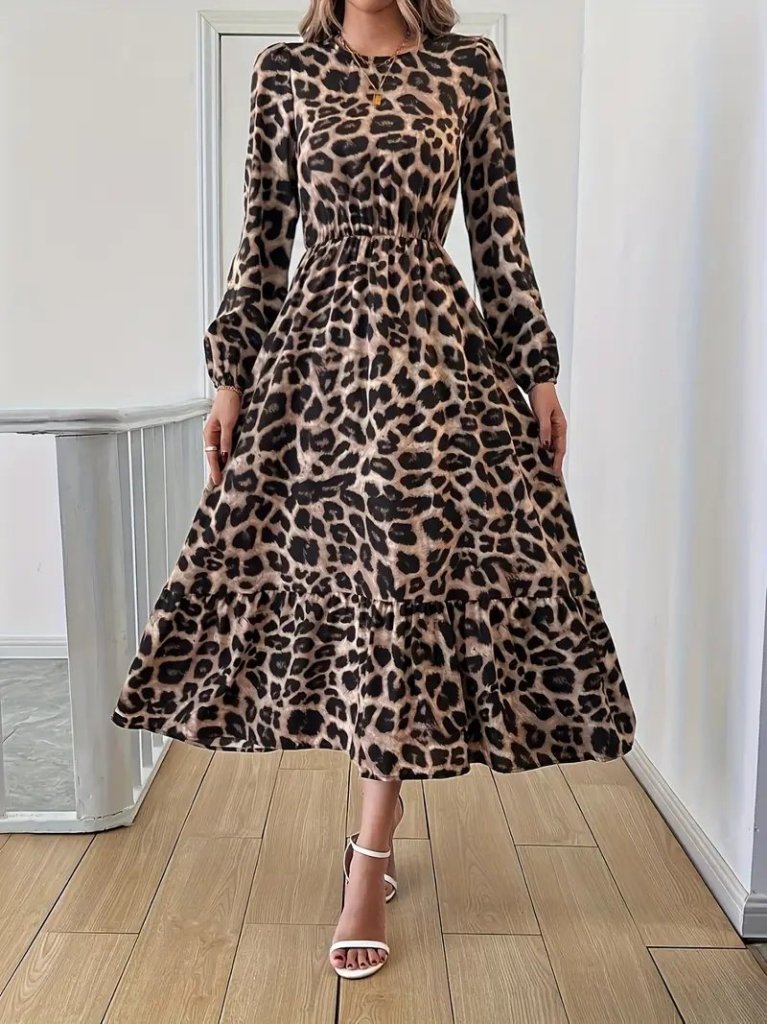 Mamo Leopar Midi Desenli Elbise - Mamo kadın butik elbise