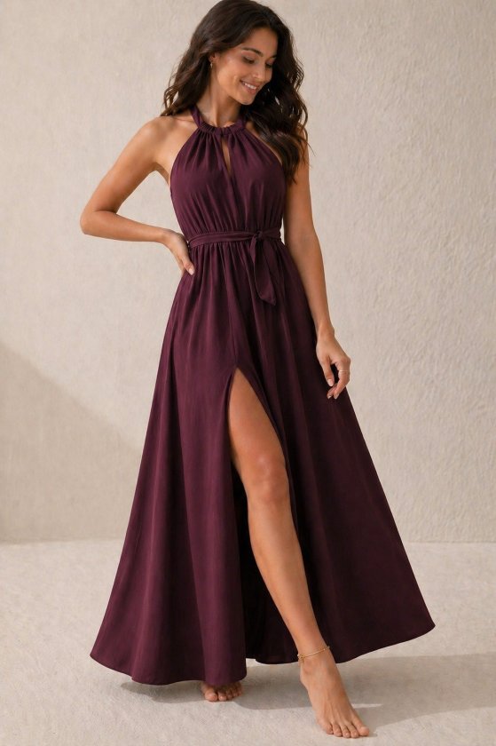 Mamo Bordo Uzun Yırtmaç Detaylı Krep Elbise - Mamo kadın butik elbise