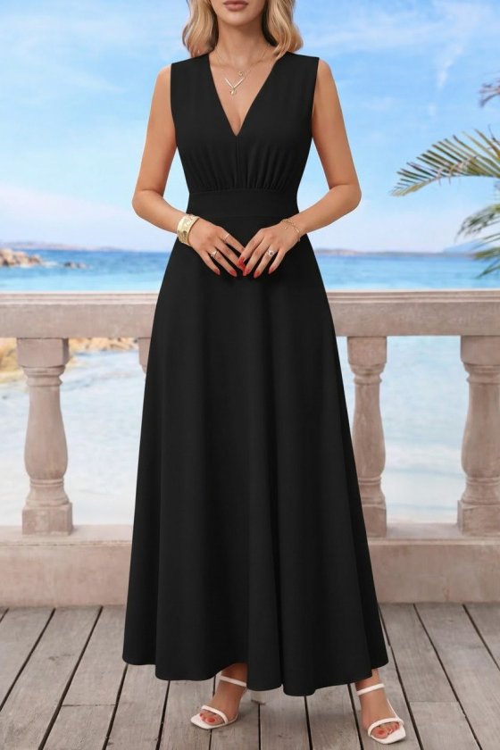 Mamo Siyah Uzun Askılı V Yaka Elbise - Mamo kadın butik elbise