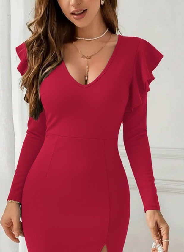 Mamo Kırmızı Midi V Yaka Yırtmaç Detaylı Elbise - Mamo kadın butik elbise