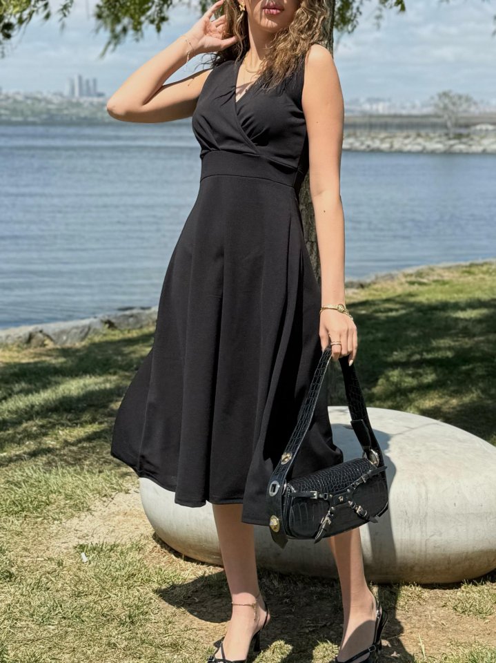 Mamo Siyah Mini Kruvaze Krep Elbise - Mamo kadın butik elbise