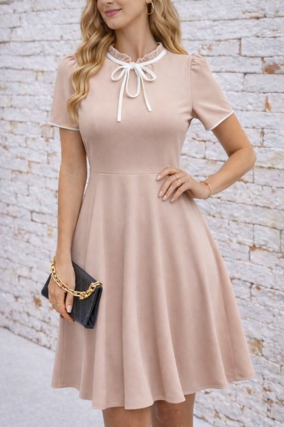 Mamo Bej Mini Fırfır Detaylı Krep Elbise - Mamo kadın butik elbise