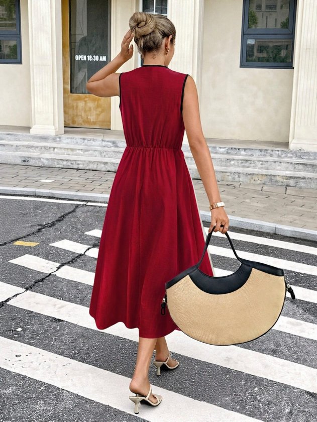 Mamo Bordo Midi Askılı Kruvaze Elbise - Mamo kadın butik elbise