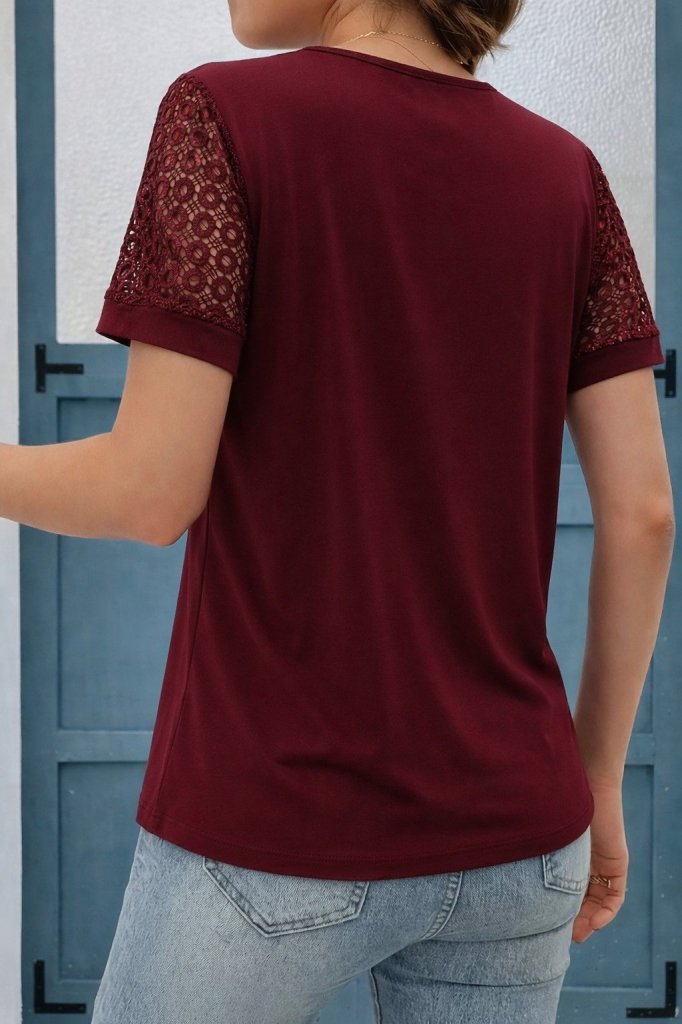 Mamo Bordo V Yaka Dantel Detaylı Viskon Bluz - Mamo kadın butik bluz