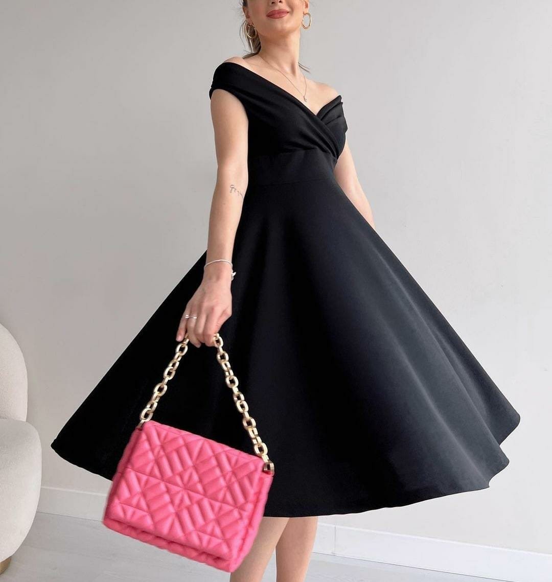 Mamo Siyah Mini Kruvaze Krep Elbise - Mamo kadın butik elbise