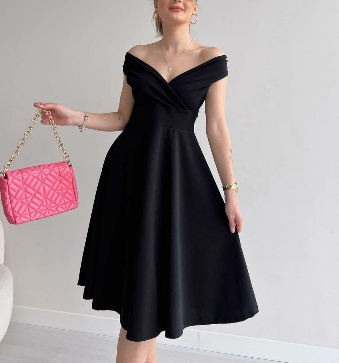 Mamo Siyah Mini Kruvaze Krep Elbise - Mamo kadın butik elbise