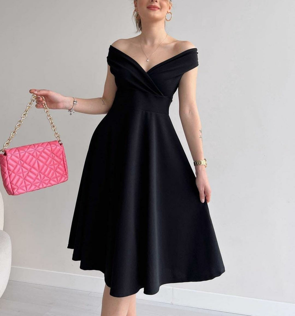 Mamo Siyah Mini Kruvaze Krep Elbise - Mamo kadın butik elbise