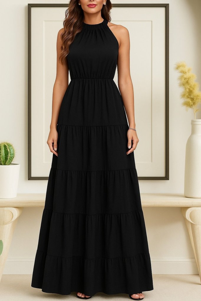 Mamo Siyah Halter Yaka Desenli Elbise - Mamo kadın butik elbise
