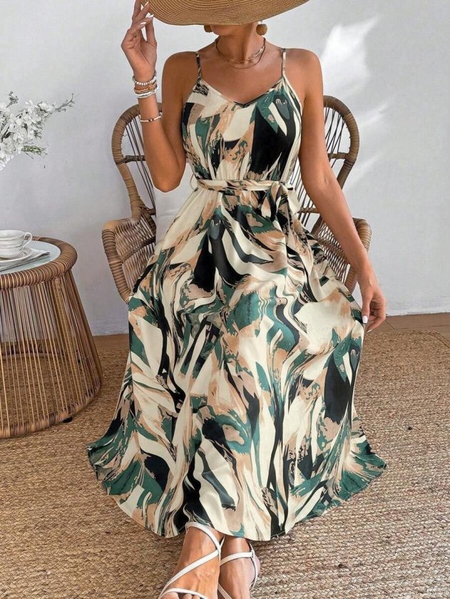 Mamo Bej Uzun Askılı V Yaka Elbise - Mamo kadın butik elbise