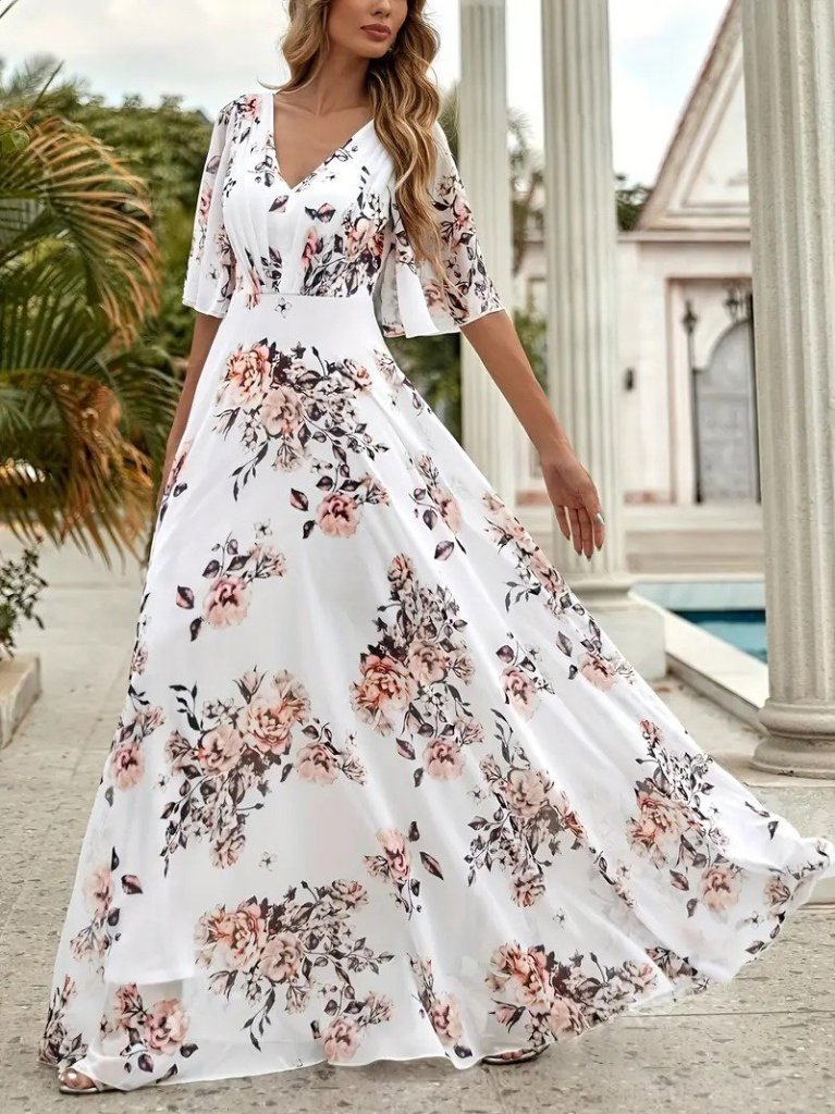 Mamo Beyaz Mini V Yaka Desenli Elbise - Mamo kadın butik elbise