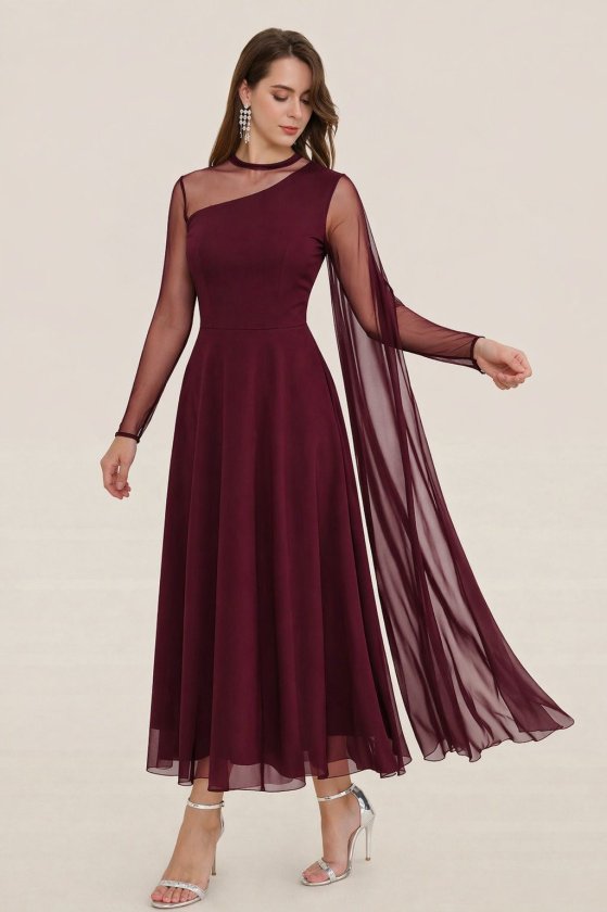 Mamo Bordo Uzun Tül Detaylı Elbise - Mamo kadın butik elbise