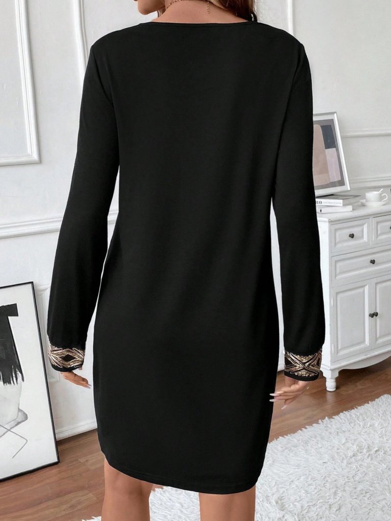 Mamo Siyah Mini V Yaka Payet Detaylı Elbise - Mamo kadın butik elbise