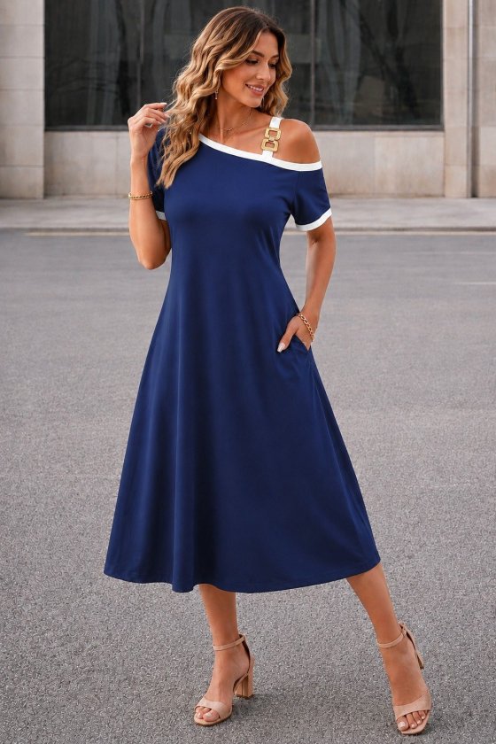 Mamo Lacivert Mini Askılı Viskon Elbise - Mamo kadın butik elbise