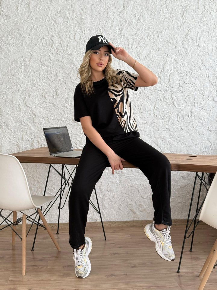 Mamo Siyah Leopar Desenli Takım - Mamo kadın butik takım