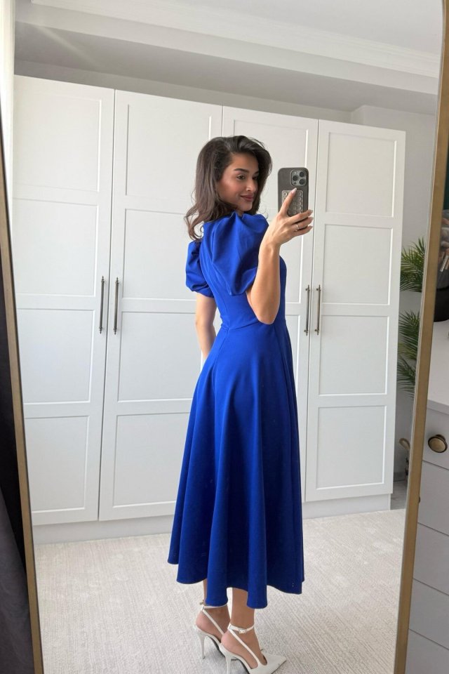Mamo Saks Mavi Mini Sim Detaylı Krep Elbise - Mamo kadın butik elbise
