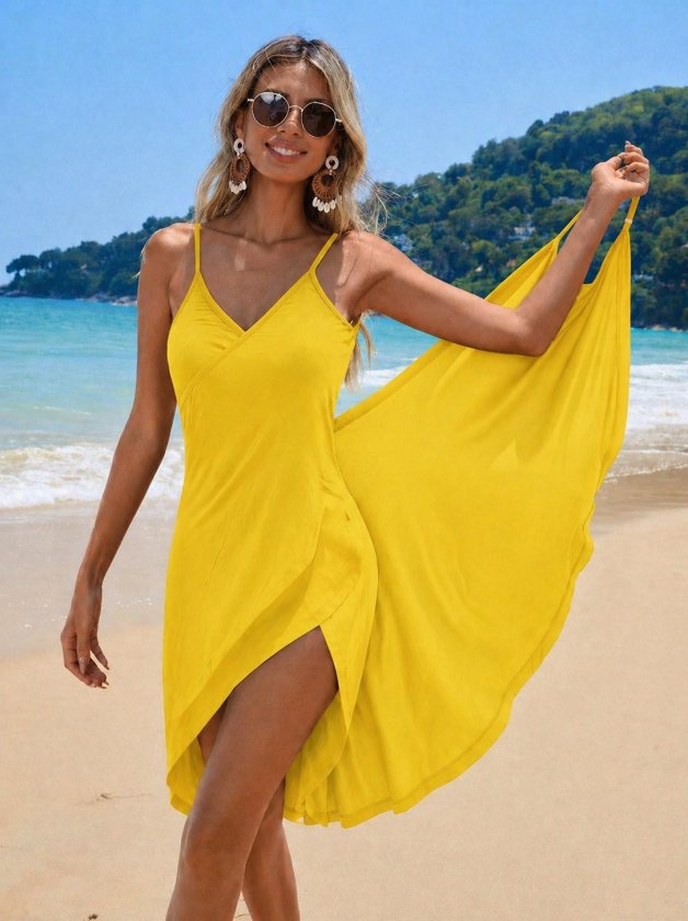 Mamo Sarı Askılı Kruvaze Sim Detaylı Elbise - Mamo kadın butik elbise