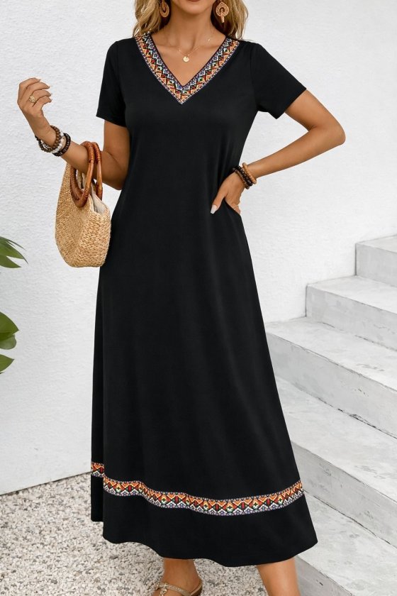 Mamo Siyah Mini V Yaka Viskon Elbise - Mamo kadın butik elbise
