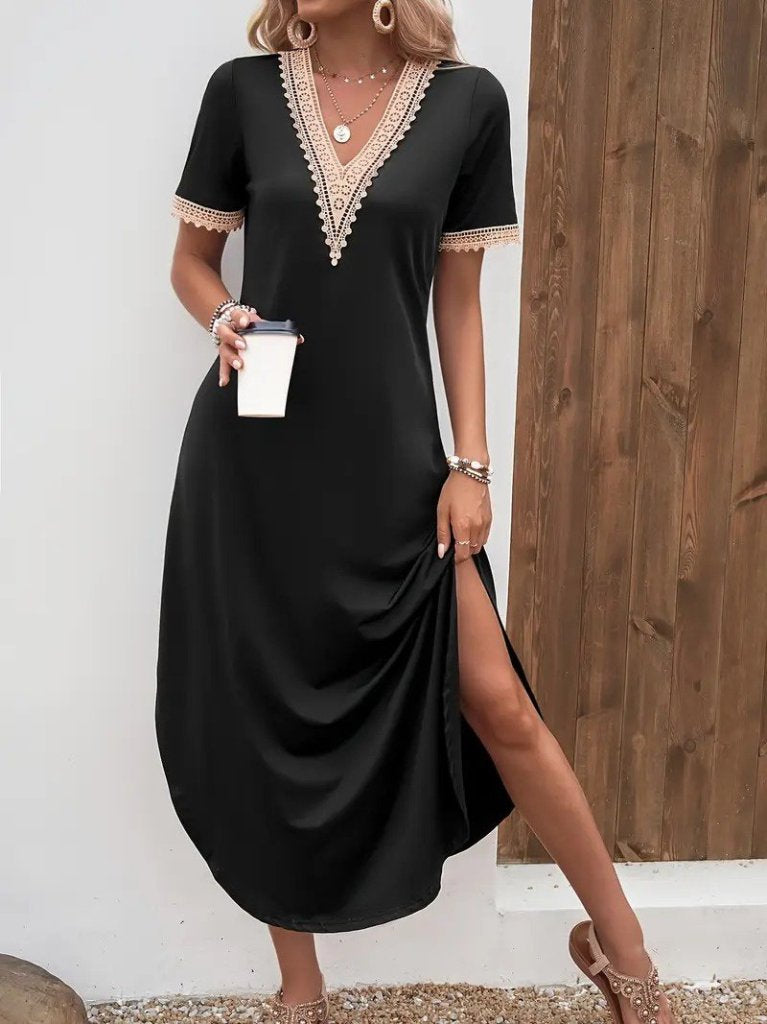 Mamo Siyah Mini V Yaka Dantel Detaylı Elbise - Mamo kadın butik elbise