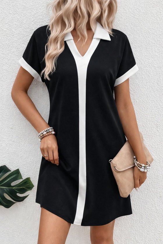 Mamo Siyah Mini V Yaka Krep Elbise - Mamo kadın butik elbise