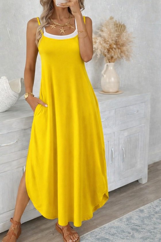Mamo Sarı Uzun Askılı Cepli Elbise - Mamo kadın butik elbise