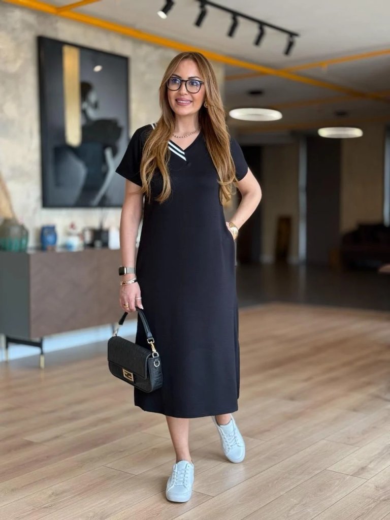 Mamo Siyah Mini Yırtmaç Detaylı Viskon Elbise - Mamo kadın butik elbise