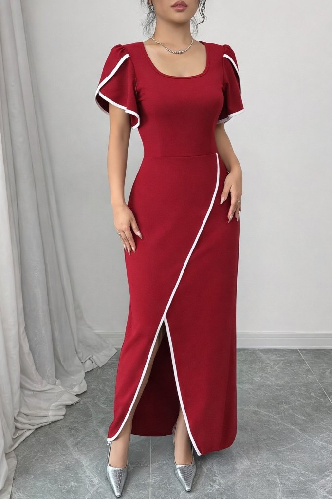 Mamo Kırmızı Mini Sim Detaylı Krep Elbise - Mamo kadın butik elbise