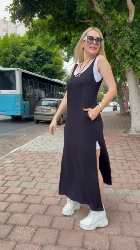 Mamo Siyah Askılı Yırtmaç Detaylı Cepli Takım - Mamo kadın butik takım