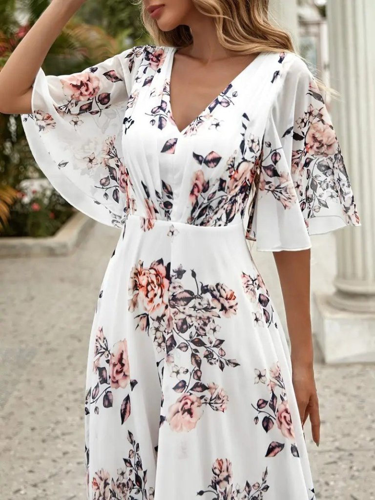 Mamo Beyaz Mini V Yaka Desenli Elbise - Mamo kadın butik elbise