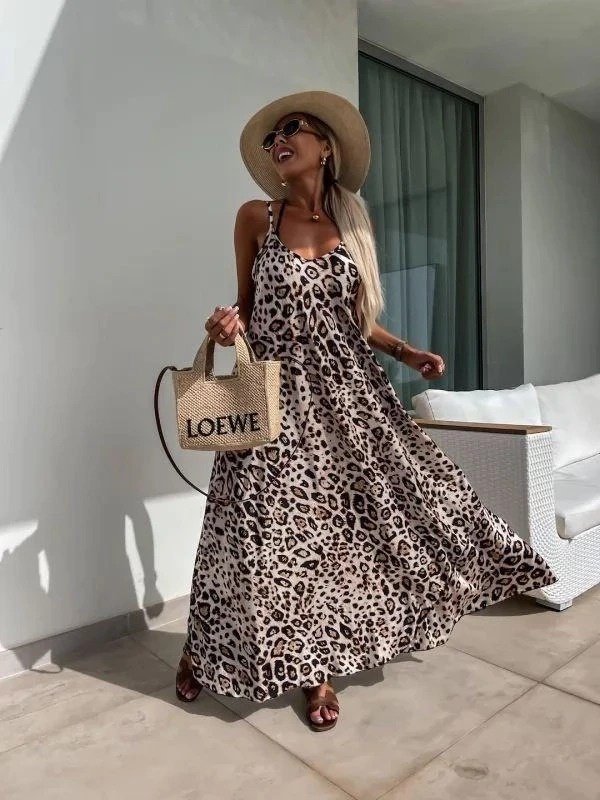 Mamo Leopar Uzun Askılı Sim Detaylı Elbise - Mamo kadın butik elbise