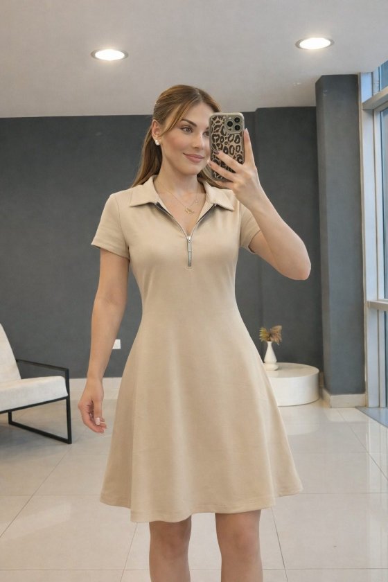 Mamo Bej Mini Viskon Elbise - Mamo kadın butik elbise