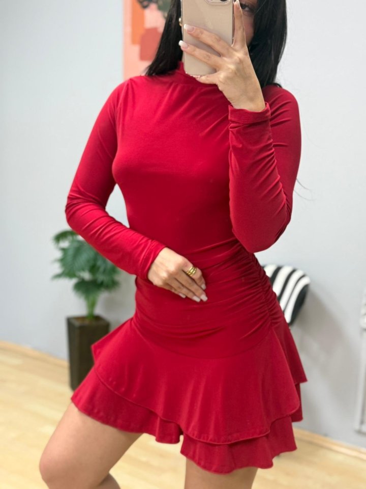 Mamo Kırmızı Mini Fırfır Detaylı Elbise - Mamo kadın butik elbise