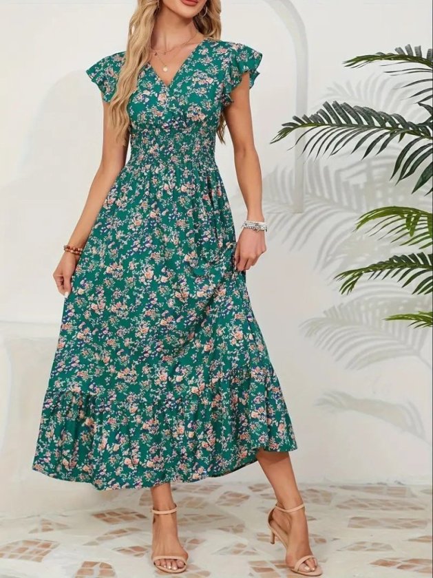 Mamo Yeşil Mini Kruvaze Desenli Elbise - Mamo kadın butik elbise