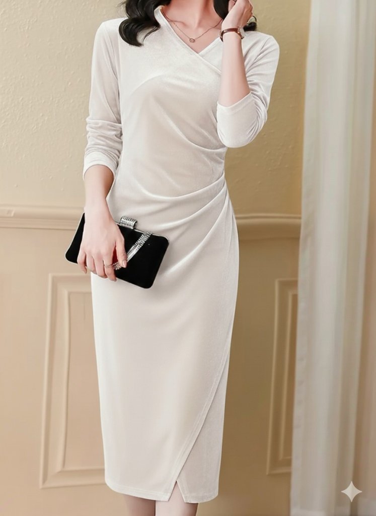 Mamo Bej Midi Kruvaze Elbise - Mamo kadın butik elbise