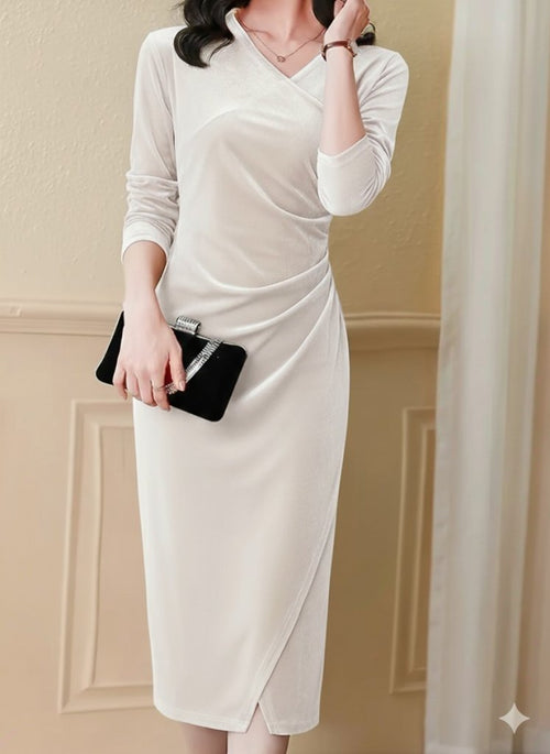 Mamo Bej Midi Kruvaze Elbise - Mamo kadın butik elbise