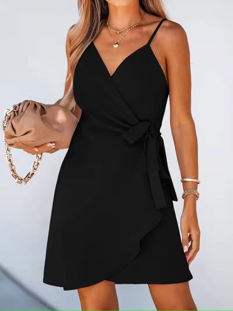 Mamo Siyah Mini Askılı Kruvaze Elbise - Mamo kadın butik elbise