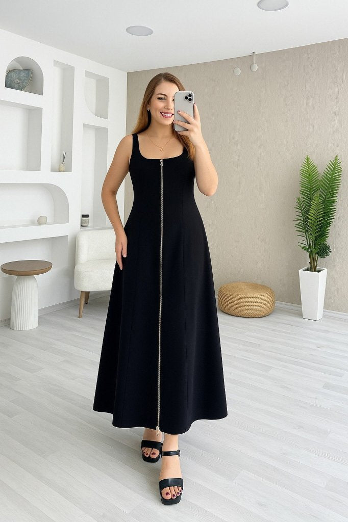 Mamo Siyah Askılı Sim Detaylı Krep Elbise - Mamo kadın butik elbise