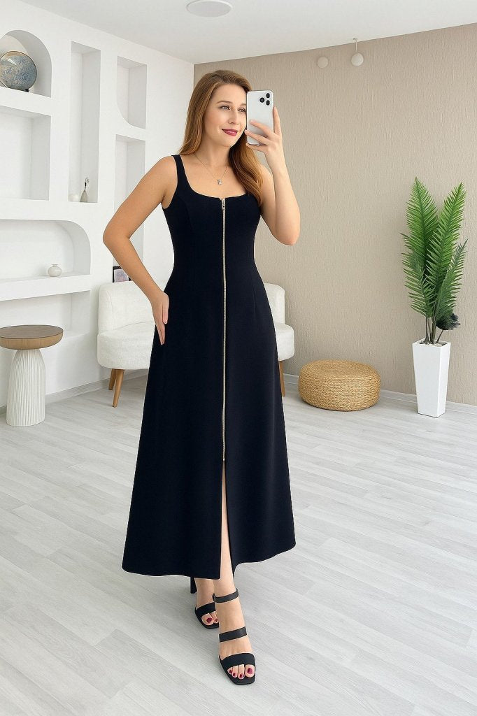 Mamo Siyah Askılı Sim Detaylı Krep Elbise - Mamo kadın butik elbise