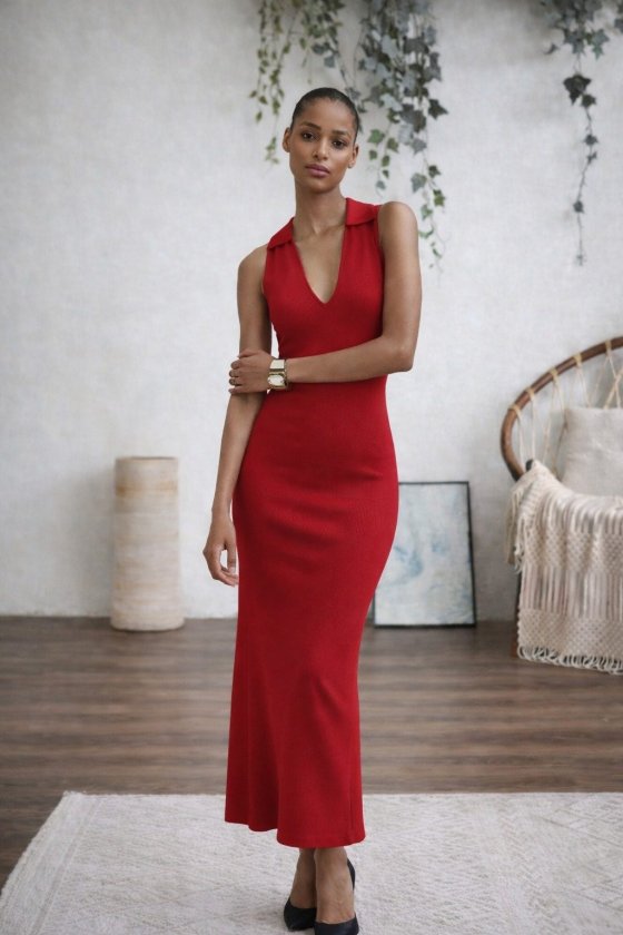 Mamo Kırmızı Uzun V Yaka Triko Elbise - Mamo kadın butik elbise