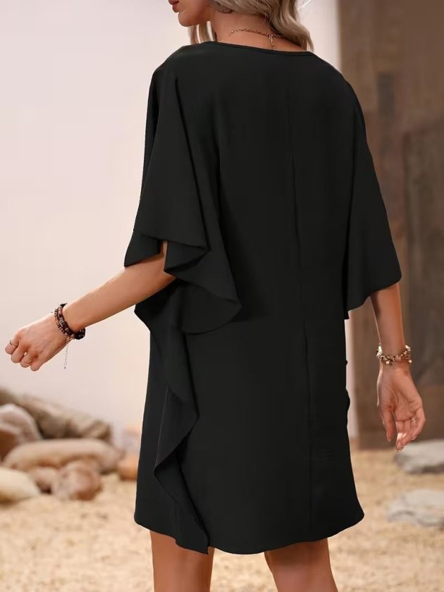 Mamo Siyah Mini V Yaka Krep Elbise - Mamo kadın butik elbise