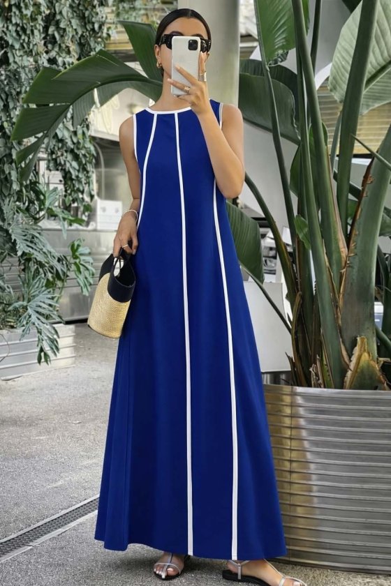 Mamo Lacivert Uzun Viskon Elbise - Mamo kadın butik elbise