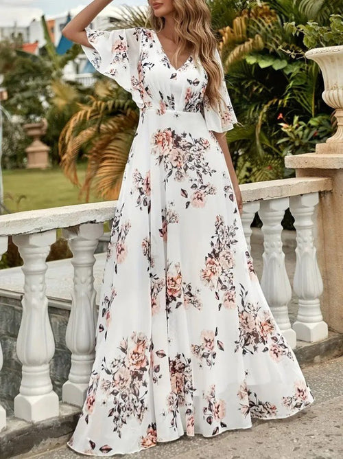 Mamo Beyaz Mini V Yaka Desenli Elbise - Mamo kadın butik elbise