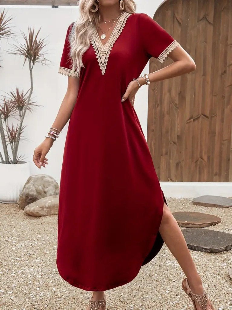 Mamo Bordo Mini V Yaka Dantel Detaylı Elbise - Mamo kadın butik elbise